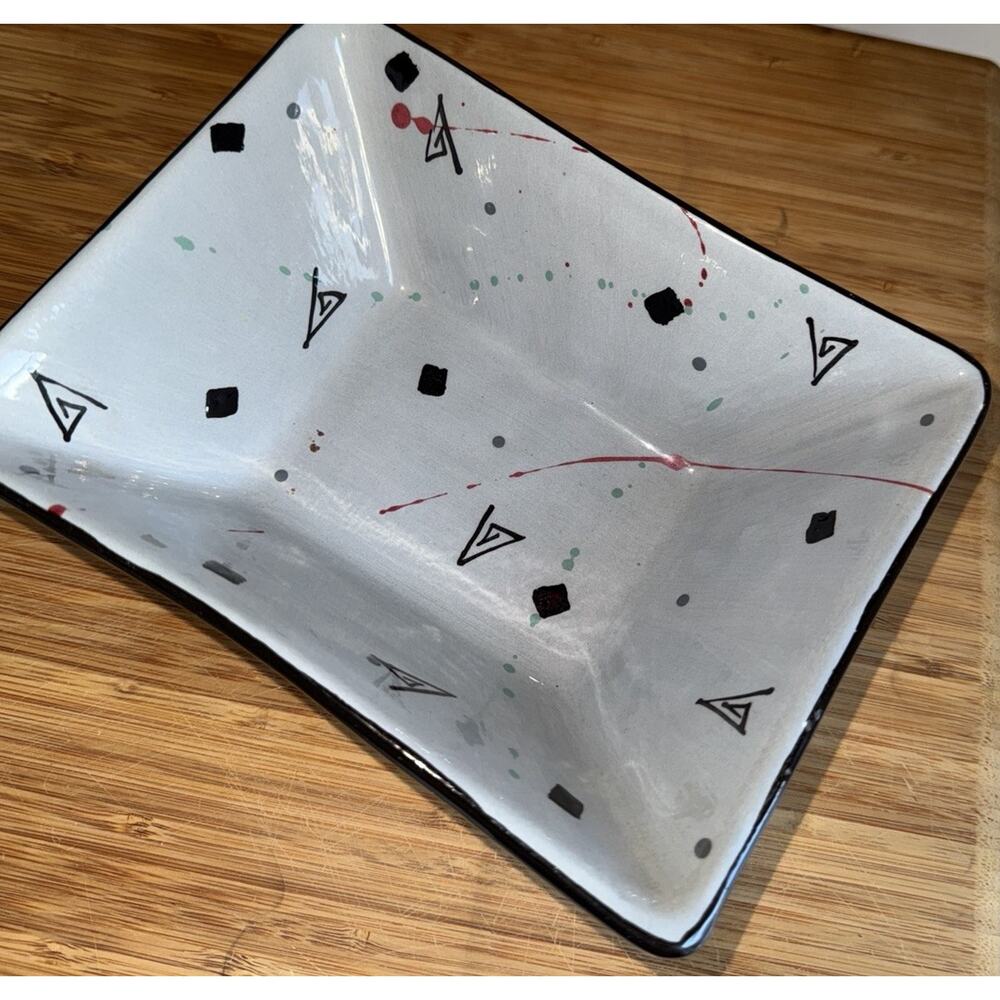 Mid Century Modern Signed Geometric Design Triangles Gray Trinket Candy Dish 7x6